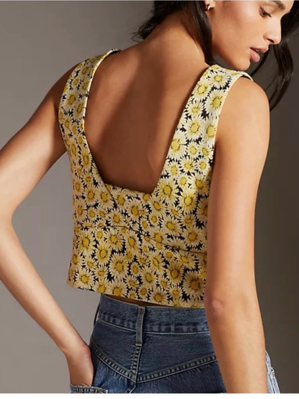 Anthropologie Yellow Daisy Square-Back Crop Top